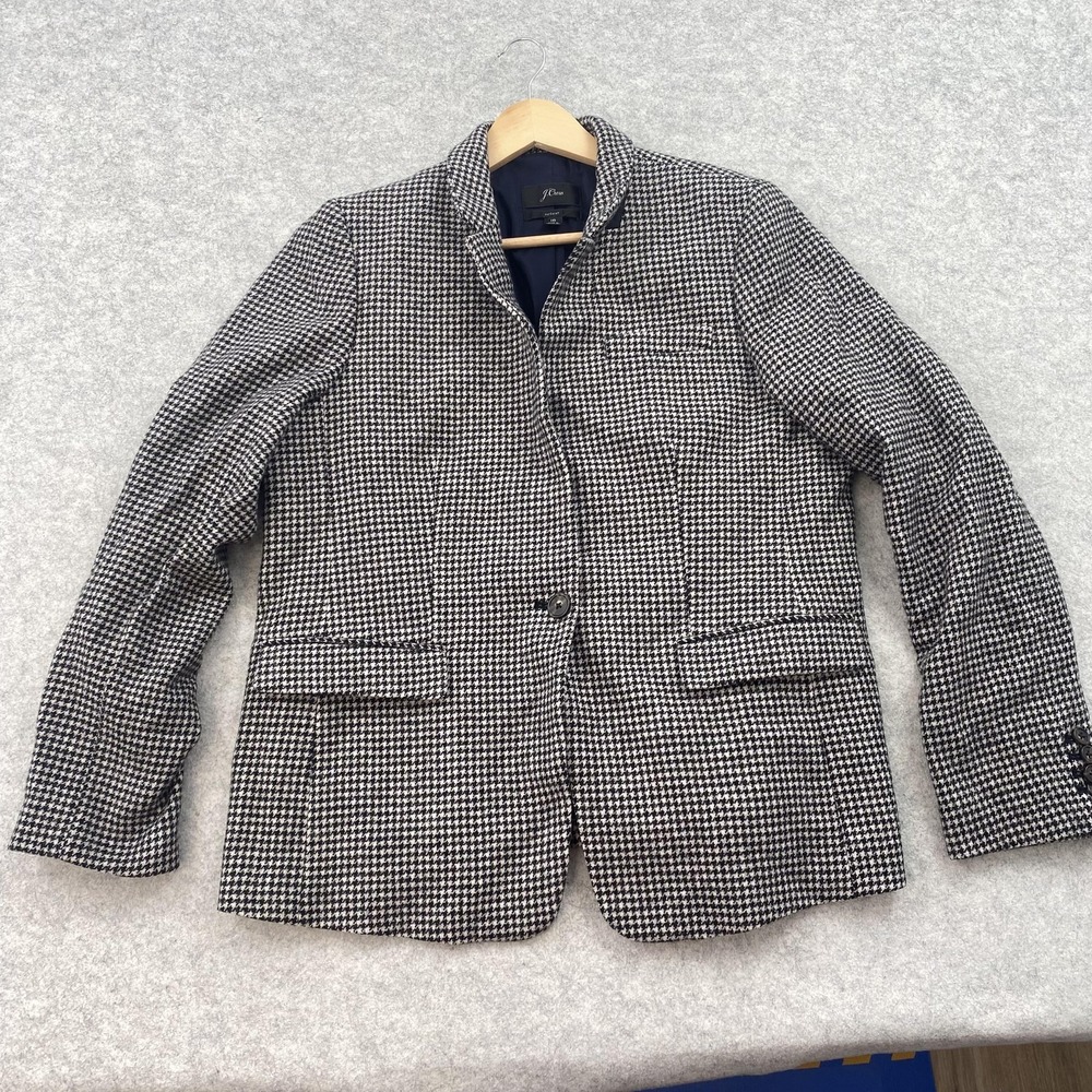 J.Crew Blazer Jacket Womens 16 Black Houndstooth 100% Wool Regent Lined Tailored